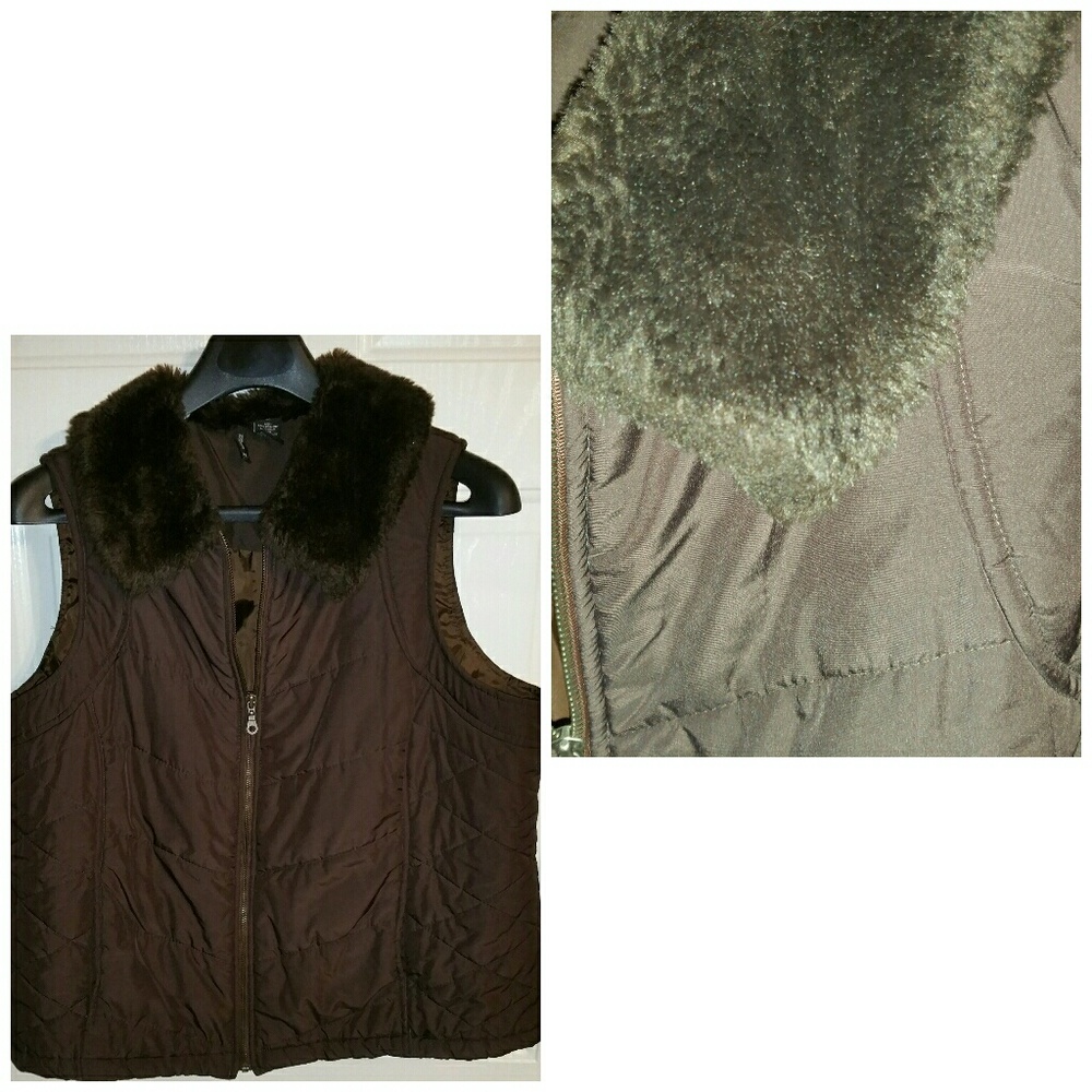New Directions Brown  Vest Fux Fur Collar 3X